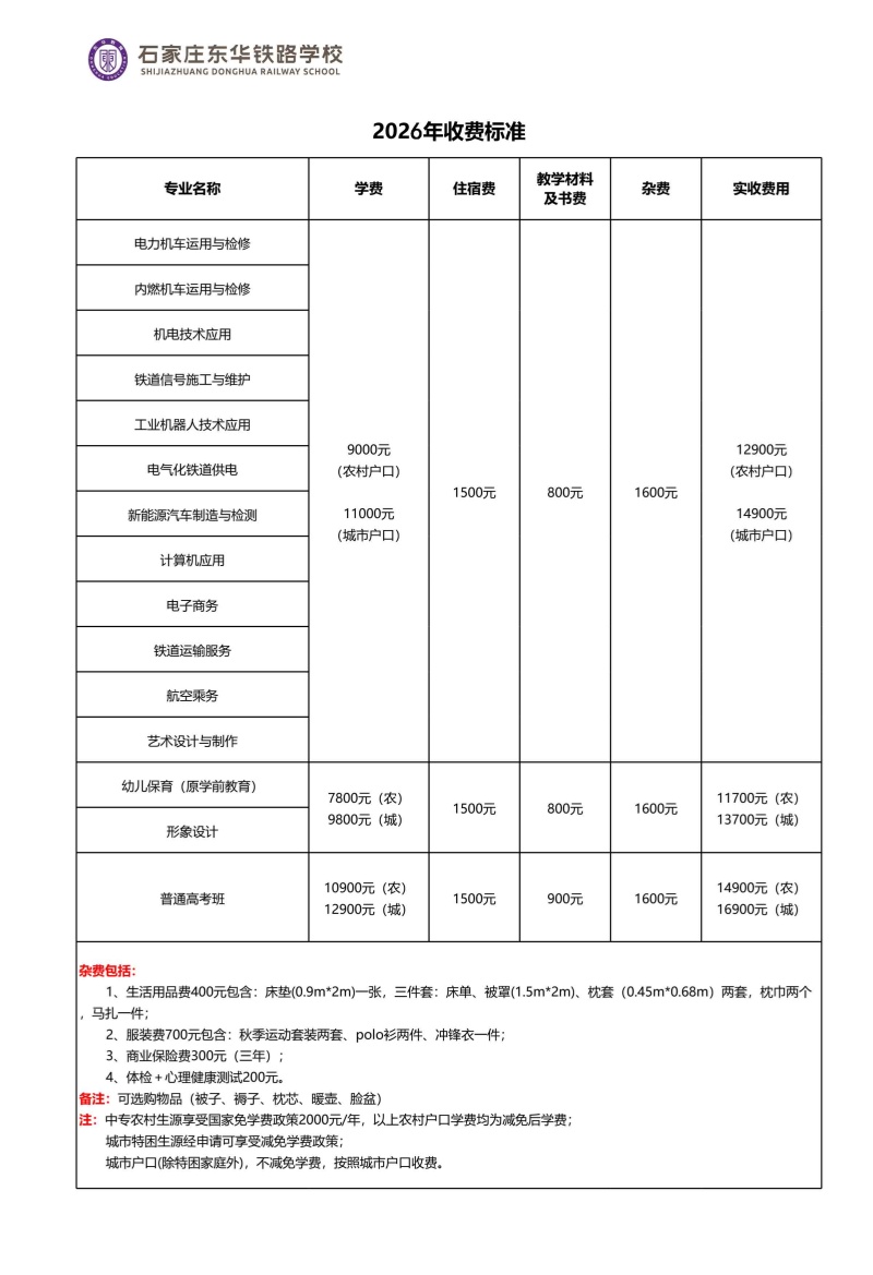 石家莊東華鐵路學(xué)校2026年秋季招生學(xué)費(fèi)多少錢？有資助政策嗎？